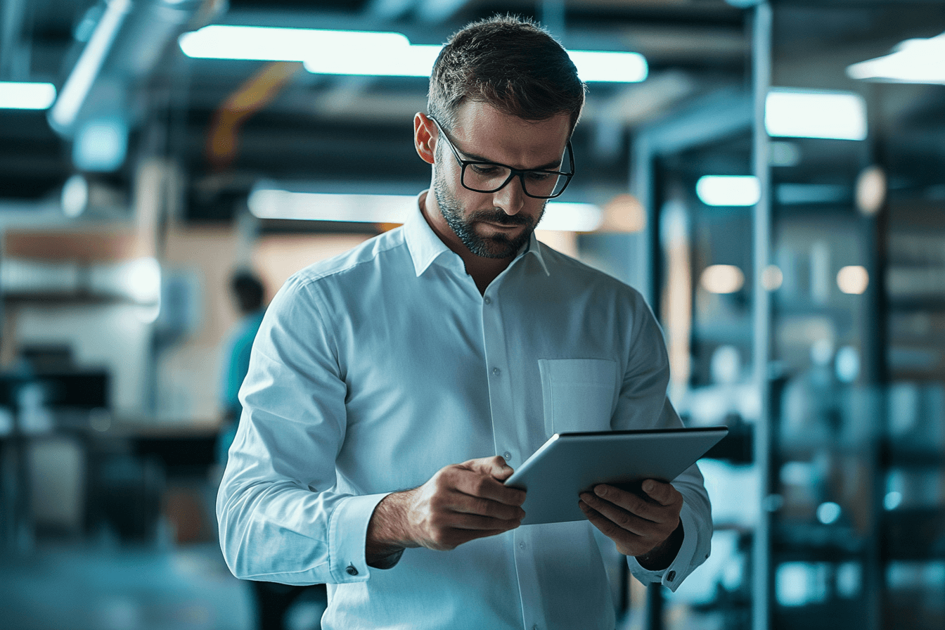 une personne dans un atelier qui porte une tablette ou un grand smartphone en train d'utiliser le logiciel de contrôle qualité CAP CLEAN pour réaliser un contrôle qualité